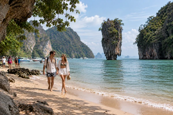 Couple sightseeing at James Bond Island with Khao Tapu in Phang Nga Bay
