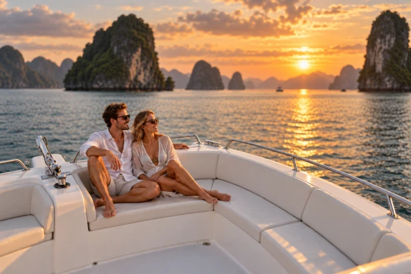 Couple relaxing on a luxury power catamaran during sunset sailing in Phang Nga Bay