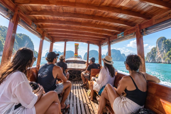 Small group of tourists traveling by traditional longtail boat in Phang Nga Bay