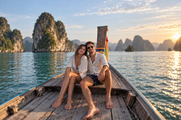 Couple on a traditional longtail boat during the James Bond Island Sunrise Tour in Phang Nga Bay