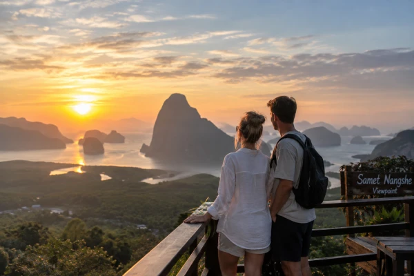 Couple watching sunrise at Samet Nangshe Viewpoint during the James Bond Island Sunrise Tour from Phuket