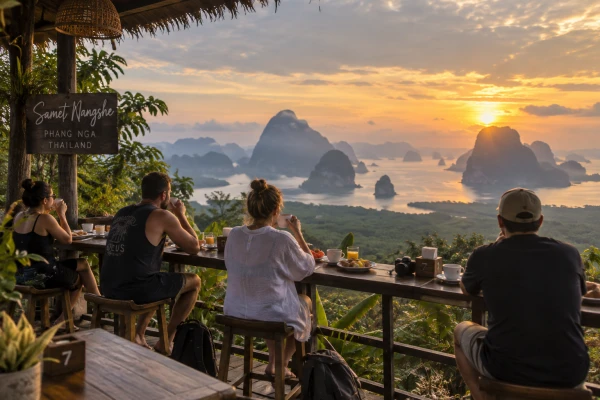 Tourists having breakfast at Samet Nangshe Viewpoint during the James Bond Island Sunrise Tour from Phuket