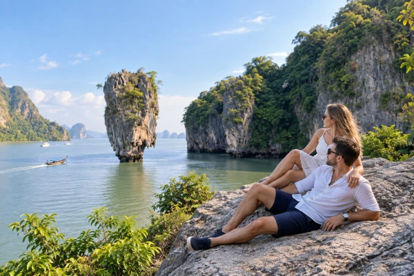 Couple overlooking Khao Tapu at James Bond Island during an early morning sunrise tour from Phuket
