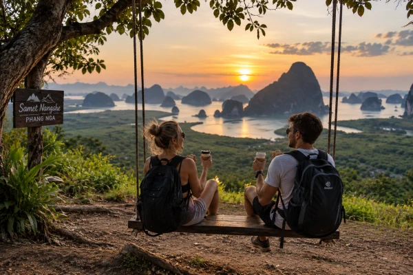 Couple watching sunrise over Phang Nga Bay with a light breakfast at Samet Nangshe during the James Bond Island Sunrise Tour from Phuket