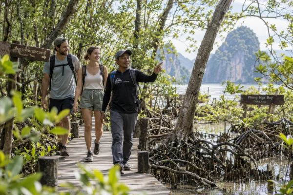 European couple walking through a mangrove forest with a Thai guide during the James Bond Island Sunrise Tour from Phuket