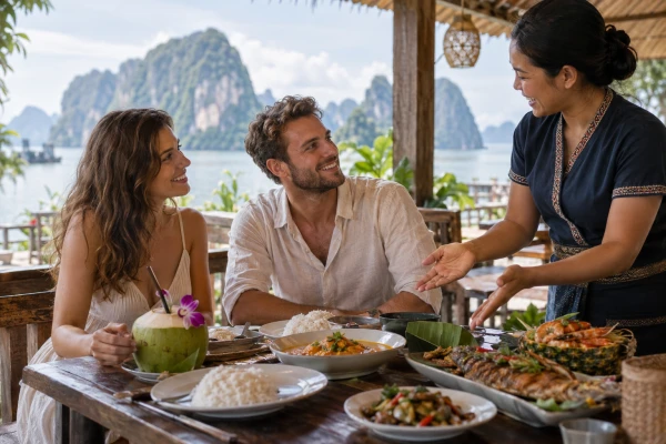 European couple enjoying an authentic Thai lunch at a local restaurant during the James Bond Island Sunrise Tour from Phuket