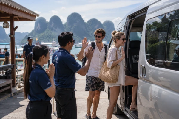 Guests boarding the return transfer van after completing the James Bond Island Sunrise Tour from Phuket