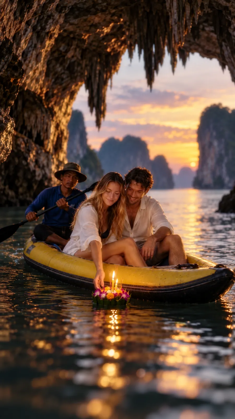 Couple floating a Loy Krathong during a sunset canoeing tour in Phang Nga Bay