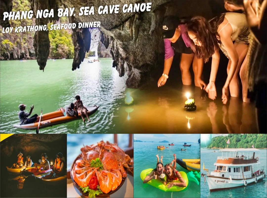 James Bond Island sunset tour by big boat with sea cave canoeing, Loy Krathong and seafood dinner