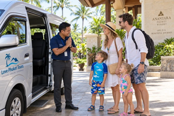 Hotel pickup for a family joining the James Bond Island Sunset Plankton Tour from Phuket