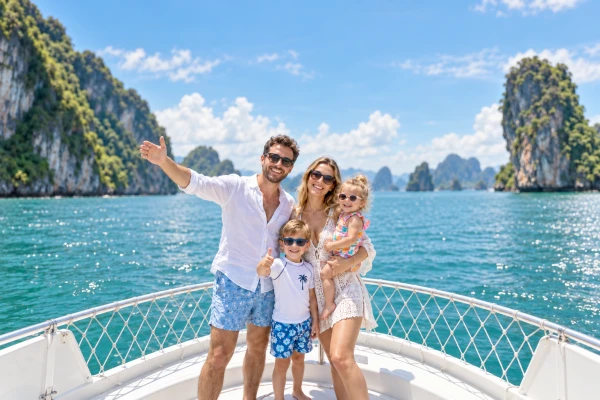 Family enjoying Phang Nga Bay scenery on the James Bond Island Sunset Plankton Tour by Big Boat
