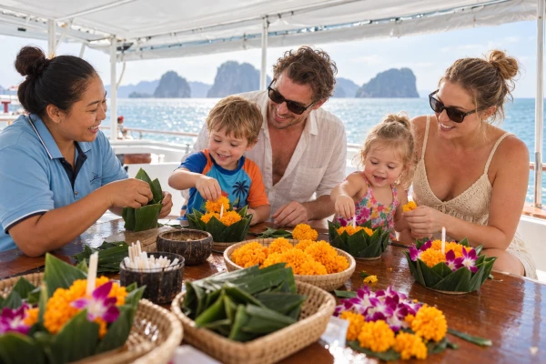 Family making Loy Krathong with a Thai guide aboard the big boat in Phang Nga Bay