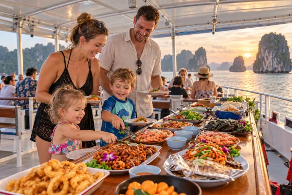 Family enjoying a seafood dinner at sunset during the James Bond Island Sunset Plankton Tour by Big Boat