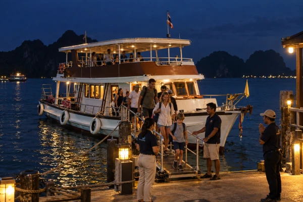 Guests arriving back at the pier by big boat after the James Bond Island Sunset Plankton Tour