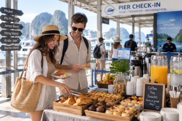 Morning refreshments at the pier before the James Bond Island snorkeling tour from Phuket