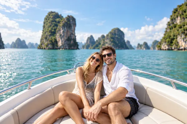 Couple enjoying Phang Nga Bay scenery from the front of a speedboat on the James Bond Island tour