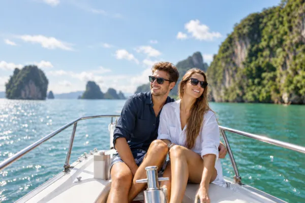 Couple enjoying Phang Nga Bay views on James Bond Island Tour by Big Boat from Phuket