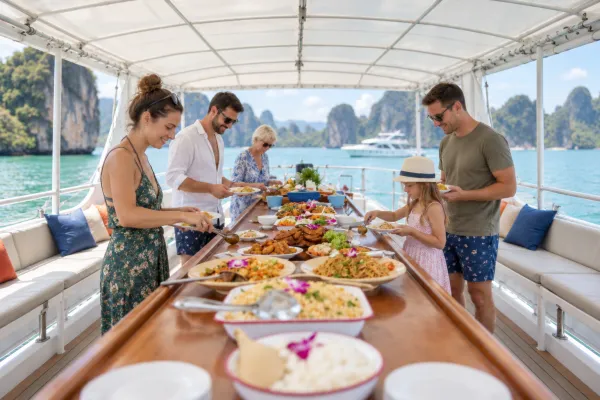 Guests enjoying buffet lunch onboard during a James Bond Island Big Boat Tour from Phuket