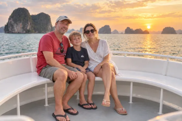 Family enjoying late afternoon views in Phang Nga Bay while returning to Phuket on a James Bond Island Big Boat Tour