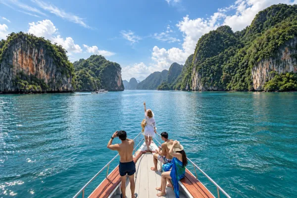Passengers cruising Phang Nga Bay on a James Bond Island Tour by Big Boat from Phuket