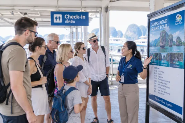 Thai guide briefing guests before James Bond Island Tour by Big Boat from Phuket