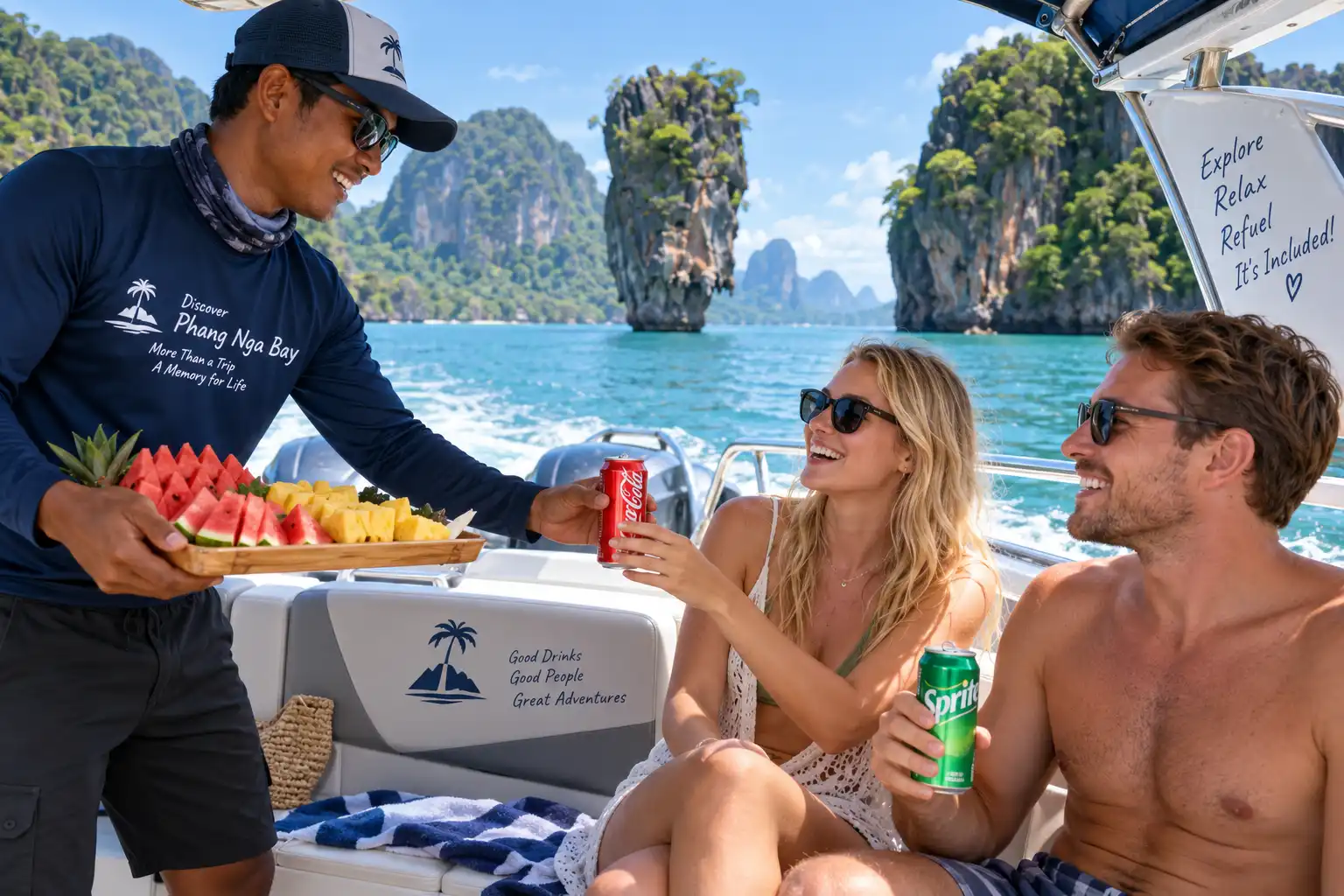 Tour guide serving soft drinks and fresh fruit on the James Bond Island Tour from Phuket