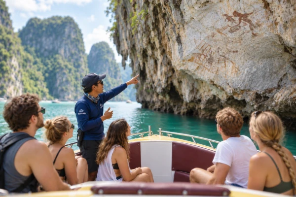 Tour guide showing historical rock paintings at Khao Khian in Phang Nga Bay during the James Bond Island tour