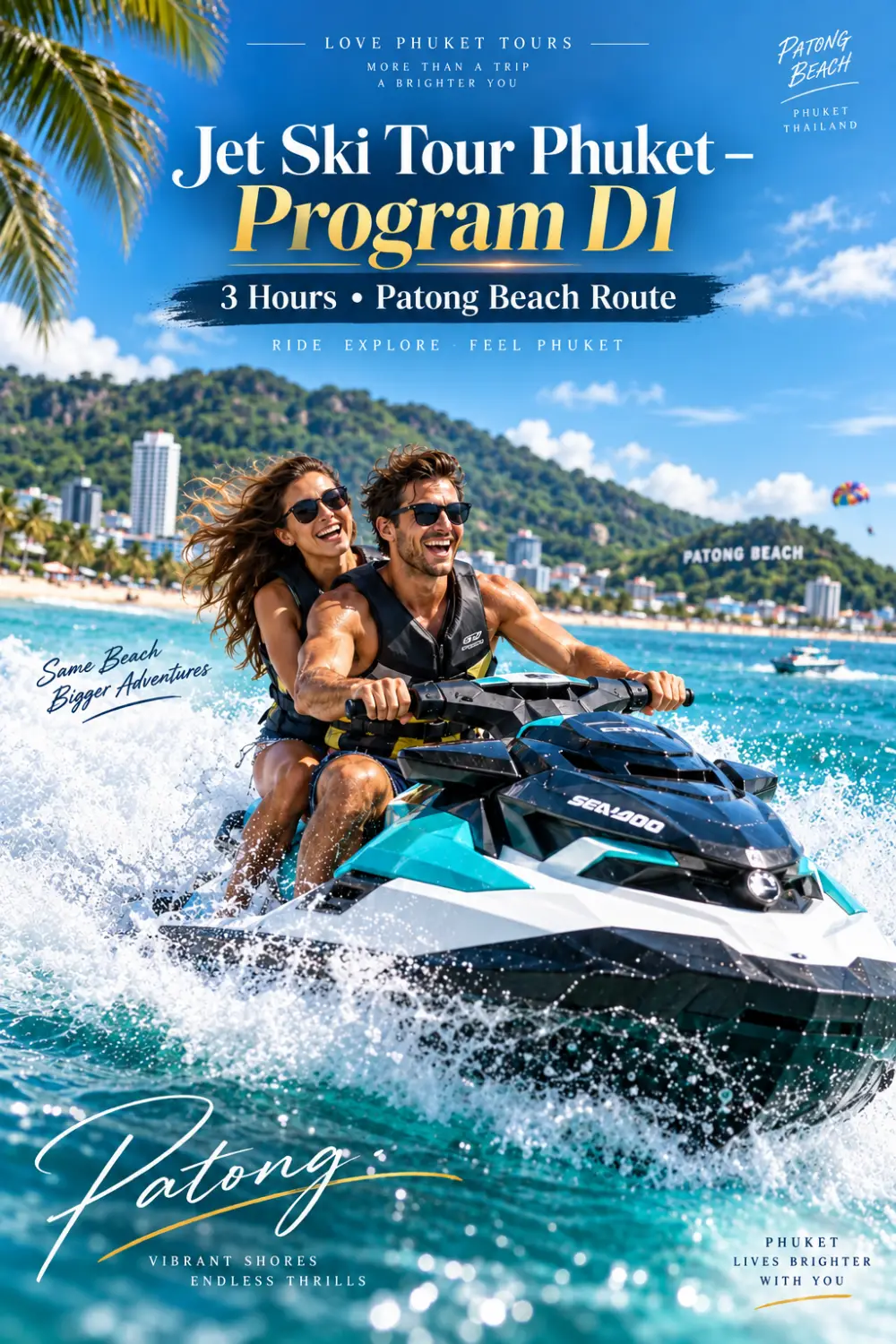 Jet Ski Tour Phuket Program D1 3 hour Patong Beach route with scenic Phuket coastal stops