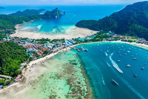 Aerial view of Phi Phi Don with Tonsai Bay and Loh Dalum Bay in the Phi Phi Islands