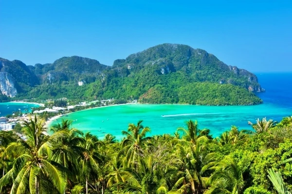 Panoramic view of Phi Phi Don Island with turquoise bays during a Phi Phi Island and Bamboo Island tour from Phuket