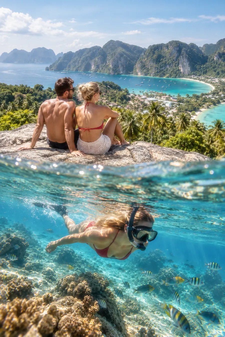Couple at Phi Phi Island viewpoint and woman snorkeling on a Phi Phi Island Viewpoint Tour from Phuket by speedboat