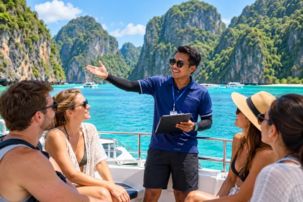 Tour guide assisting guests on a Phi Phi Island Tour from Phuket