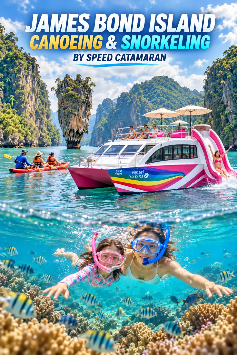Illustration of a speed catamaran with waterslide at James Bond Island, guided canoeing in Phang Nga Bay and family snorkeling at Khai Island