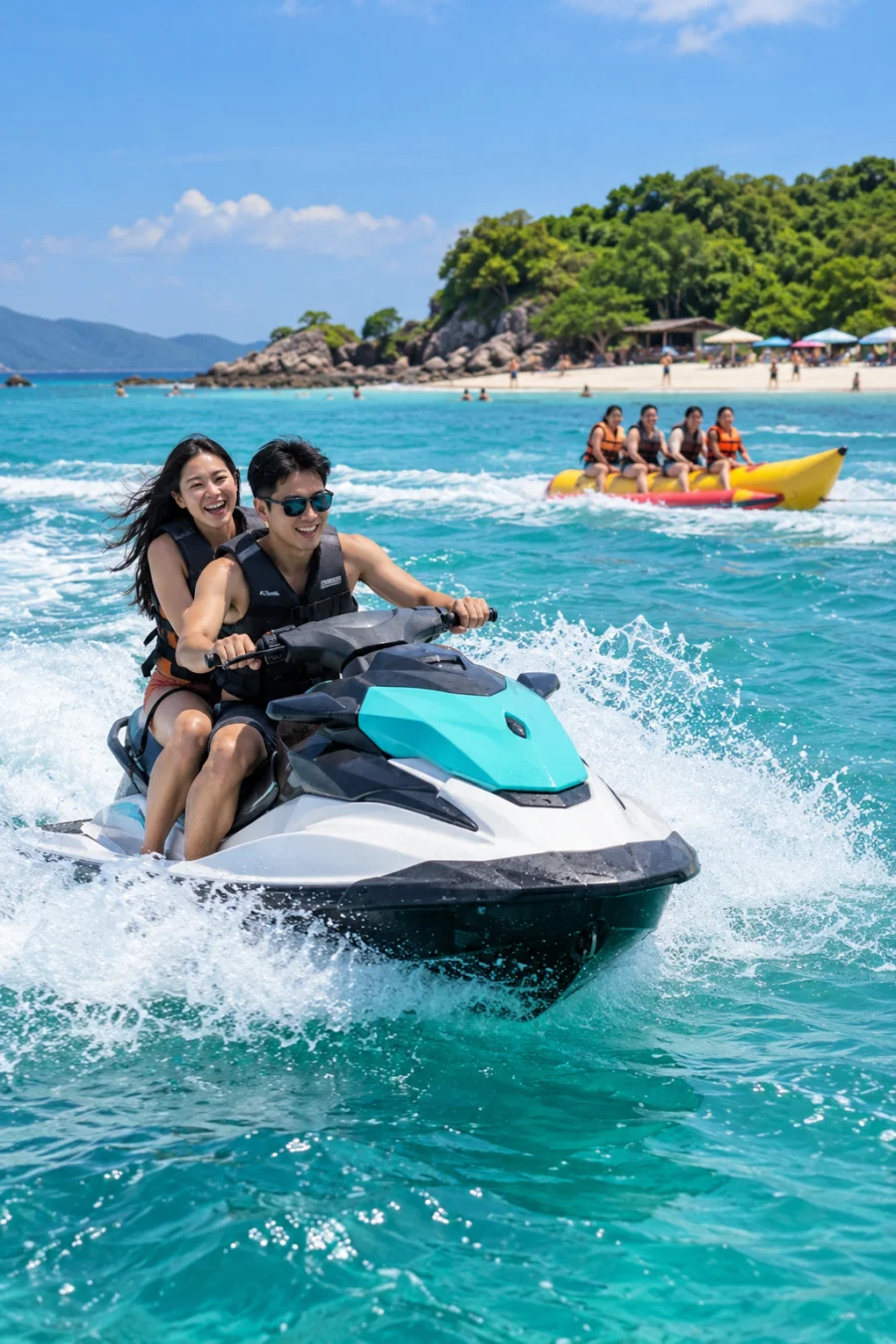 Illustration of Asian tourists riding a jet ski and a banana boat near a tropical beach