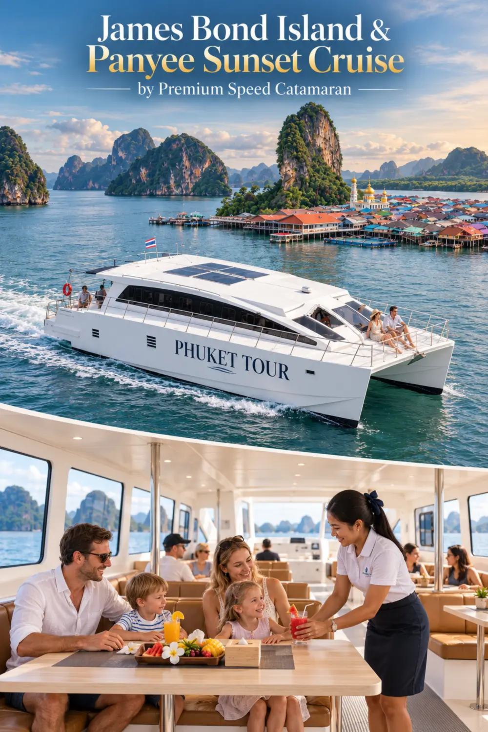 Promotional illustration of a premium catamaran near Panyee Floating Village and a family enjoying the cabin on a James Bond Island sunset cruise