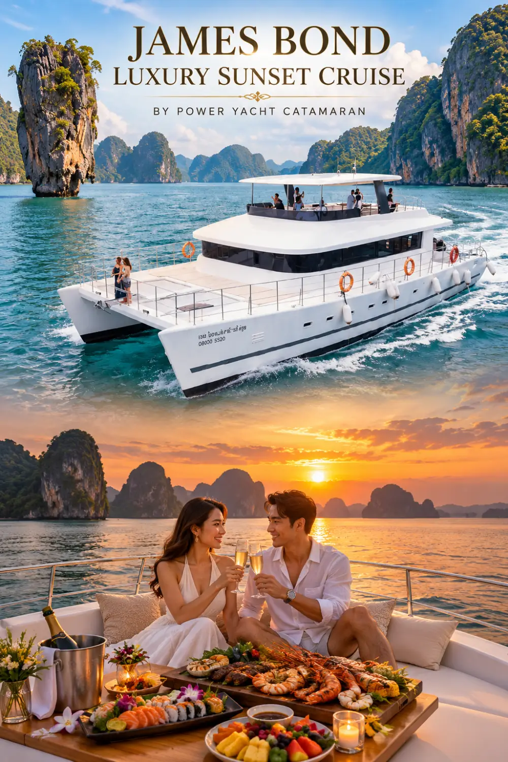 Promotional image of James Bond Island Sunset Dinner Yacht Cruise, showing a luxury power catamaran and sunset dining in Phang Nga Bay