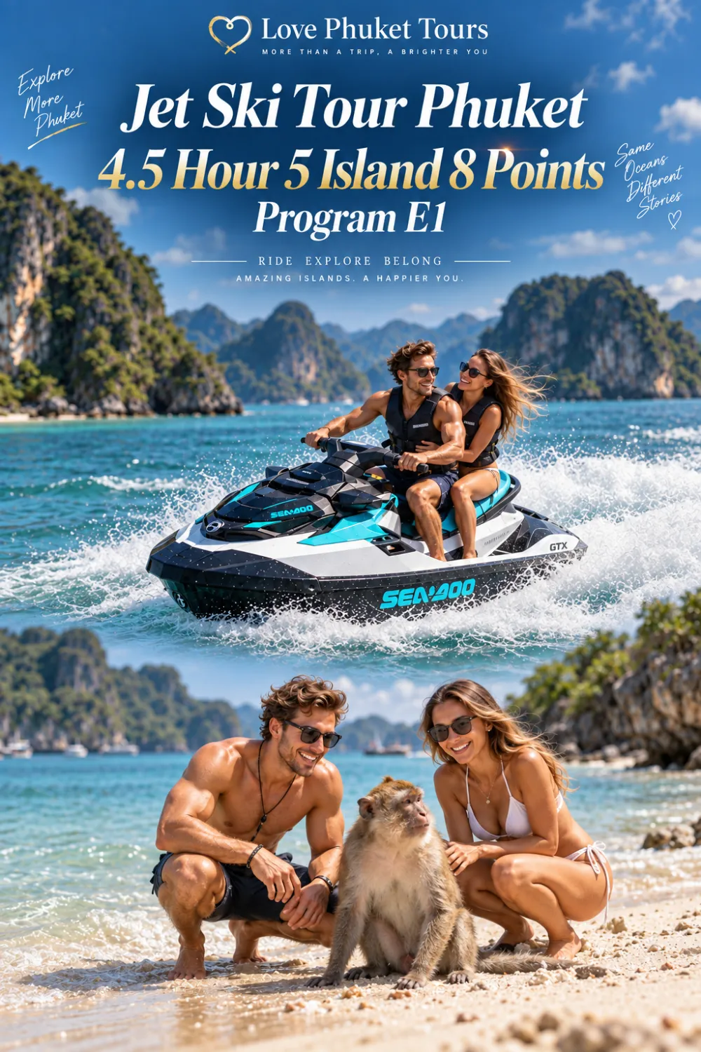 Jet Ski Tour Phuket Program E1 4.5 hour 5 island safari with 8 scenic points and island hopping