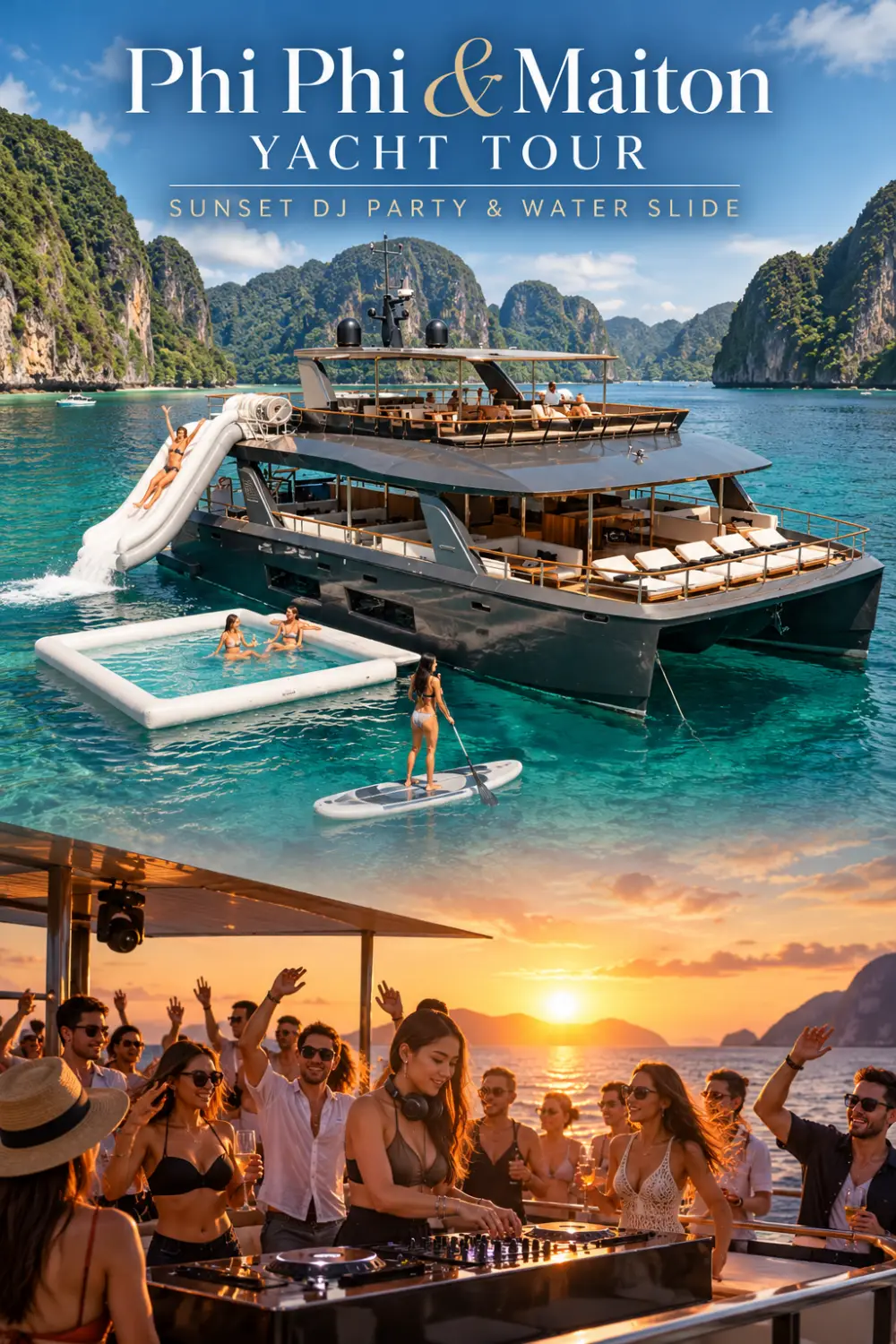 Phi Phi and Maiton Yacht Tour promotional artwork featuring a luxury yacht, water slide, floating ocean pool, paddleboarding and sunset DJ party