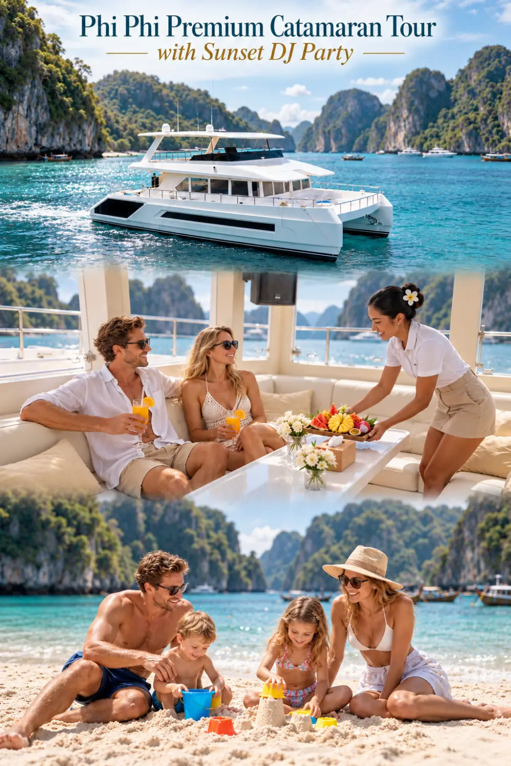 Phi Phi Island tour promotional collage featuring a premium catamaran, onboard hospitality and family beach activities at Maya Bay