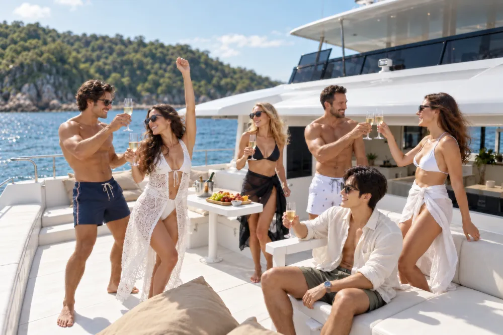 Phi Phi Island premium catamaran tour promotional scene showing travelers celebrating on the spacious boat deck