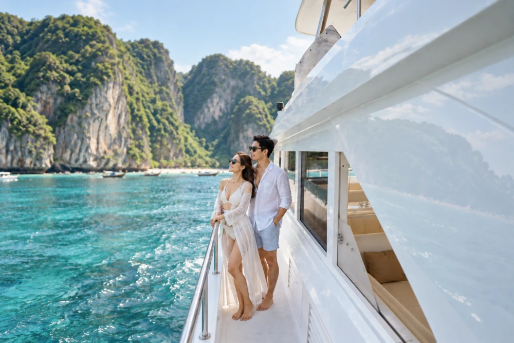 Couple enjoying Phi Phi Islands limestone cliffs and turquoise sea from the side deck of a premium catamaran