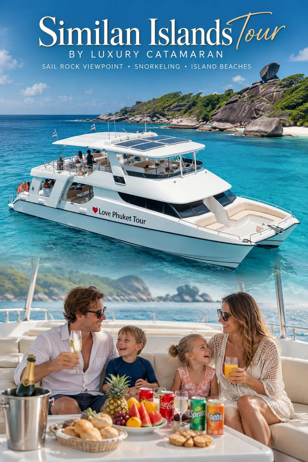 Similan Islands luxury catamaran tour from Phuket illustrated with Sail Rock, a double-deck catamaran and a family relaxing onboard