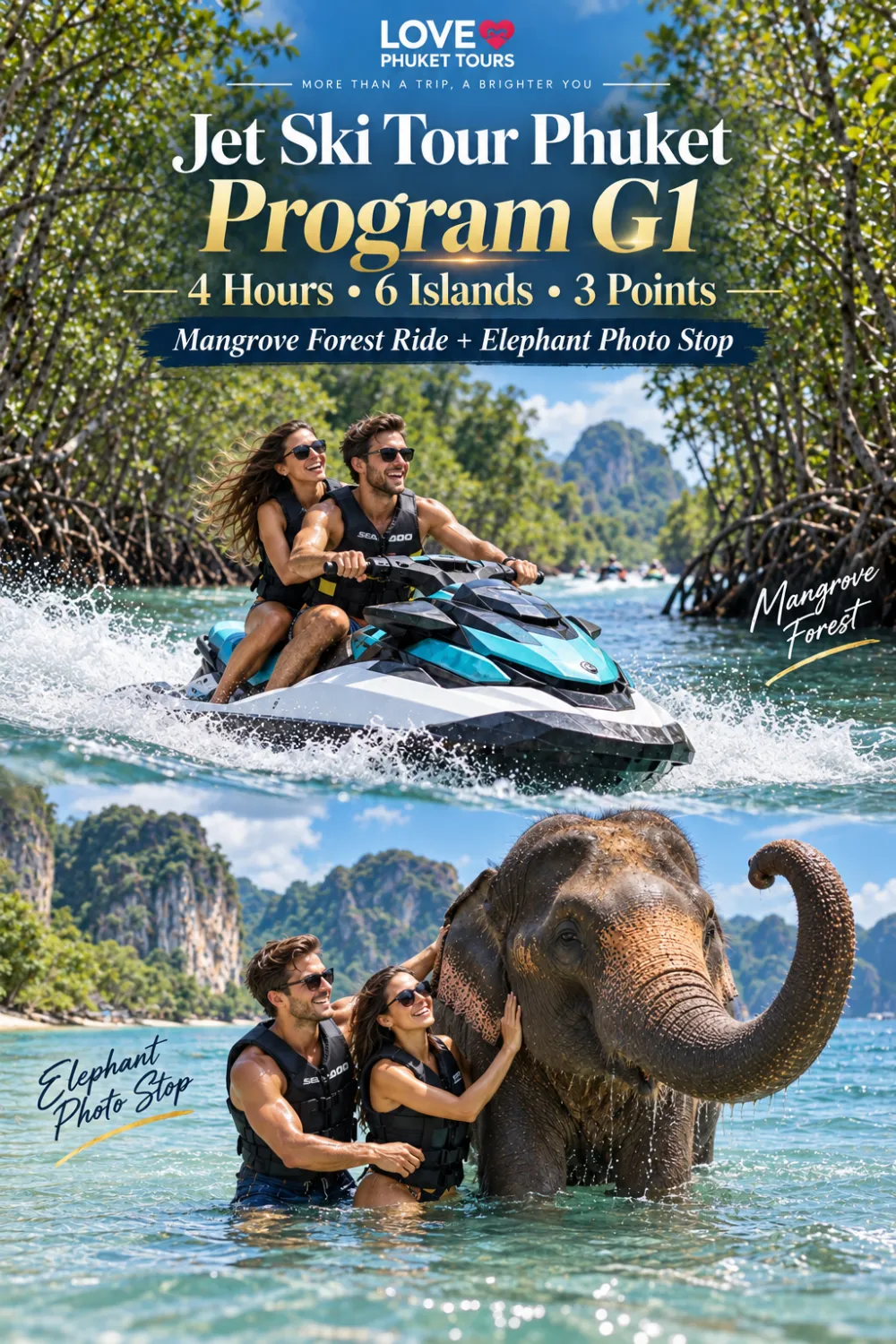 Jet Ski Tour Phuket Program G1 with elephant photo stops and mangrove forest ride